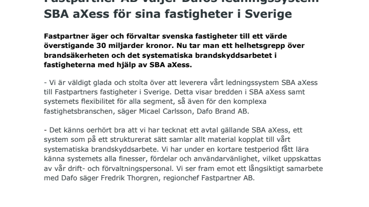 Fastpartner AB väljer Dafos ledningssystem SBA aXess för sina fastigheter i Sverige