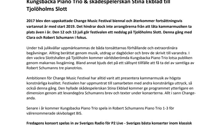 Kungsbacka Piano Trio & skådespelerskan Stina Ekblad till Tjolöholms Slott