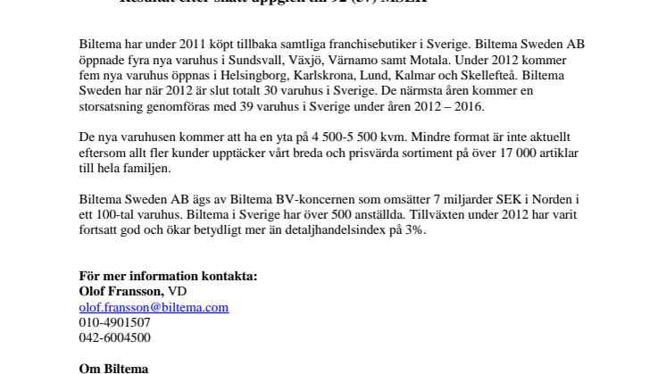 Biltemakoncernens bokslut för 2011 i Sverige
