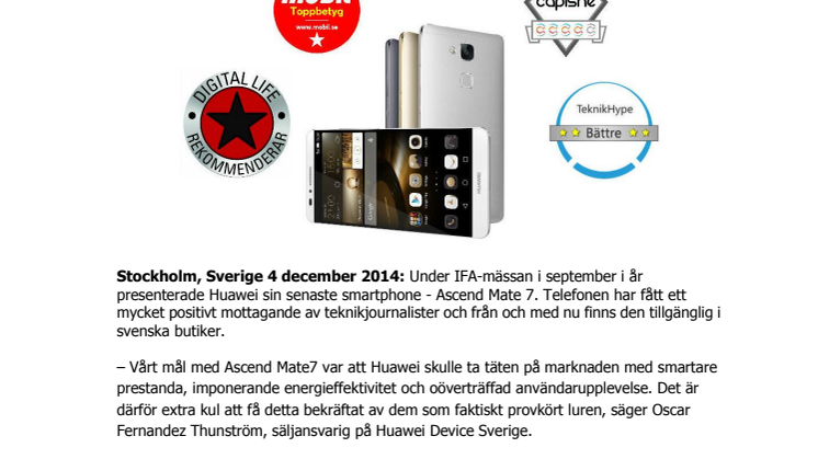 Prisade Ascend Mate 7 nu tillgänglig i Sverige