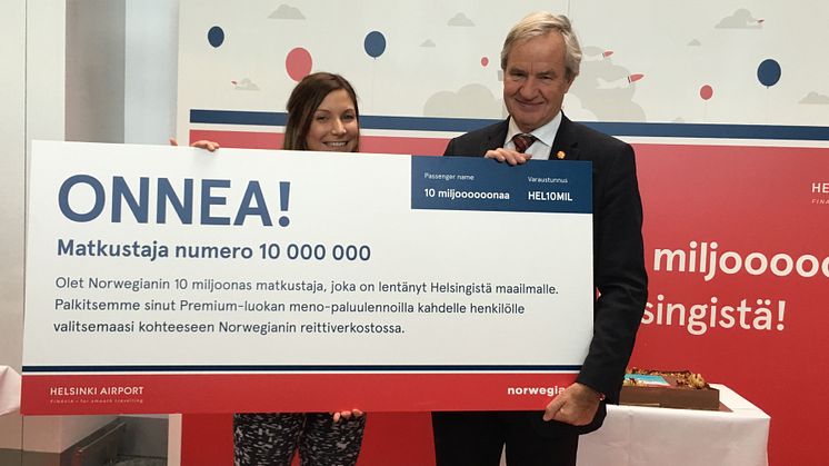 Norwegian firar att tio miljoner passagerare har rest med bolaget via Helsingfors – lanserar två nya linjer