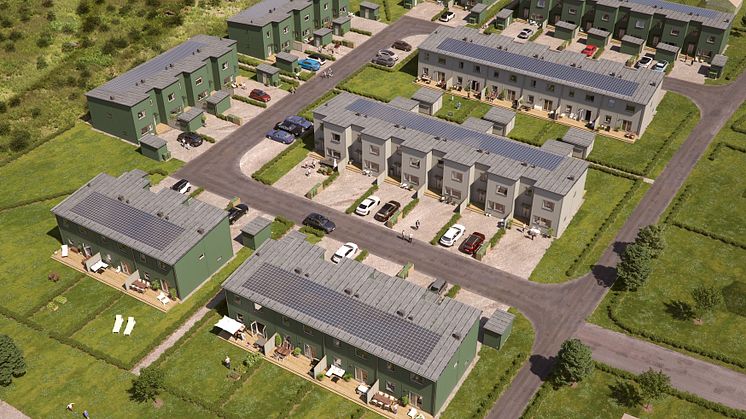 Översiktsillustration av det nya området BoKlok Skördelyckan, Mosås, Örebro. 