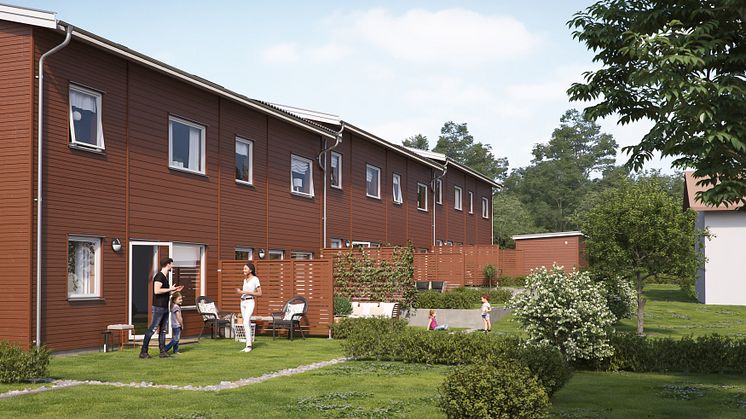 Illustration av gårdssida med uteplats och trädgård, BoKlok Paradisängarna i Upplands Väsby. 