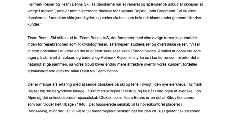 Højmark Rejser og Team Benns Ski fusionerer