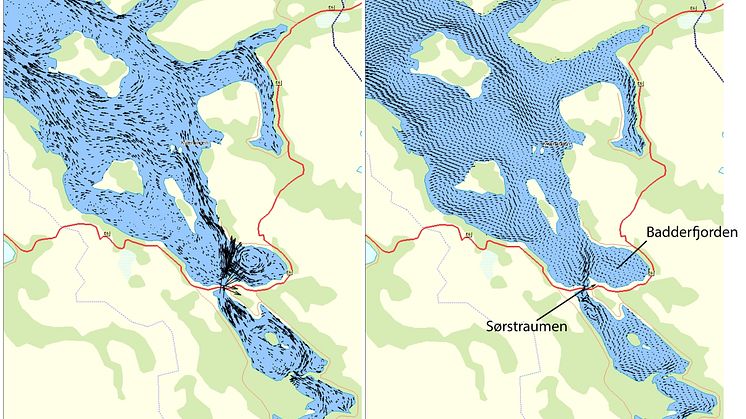 Resultater fra FVCOM (til venstre) og ROMS (til høyre) i Kvænangen i Nord-Troms. Figuren viser midlere sirkulasjon og det er tydelig at FVCOM gir en betydelig kraftigere sirkulasjon i Sørstraumen enn ROMS.
