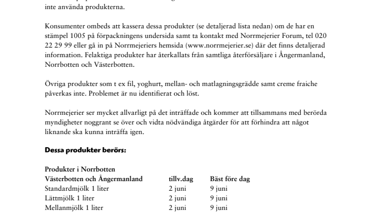 Norrmejerier återkallar mjölk och vispgrädde i Ångermanland, Västerbotten samt Norrbotten  
