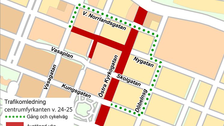 Karta över trafikomledning på gator kring badhuset Navet
