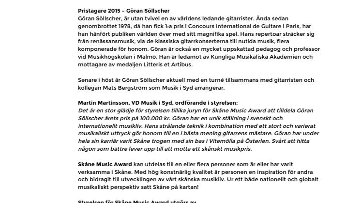 Skåne Music Award 2016 tilldelas Göran Söllscher