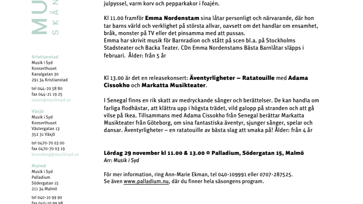 Barnmusikdagen på Palladium 29 nov: Emma Nordenstams bästa barnlåtar & Äventyrligheter – Ratatouille  
