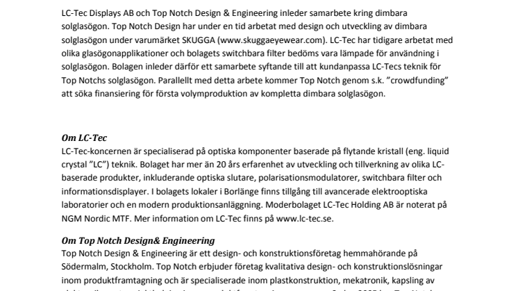 LC-Tec och Top Notch Design inleder samarbete kring dimbara solglasögon