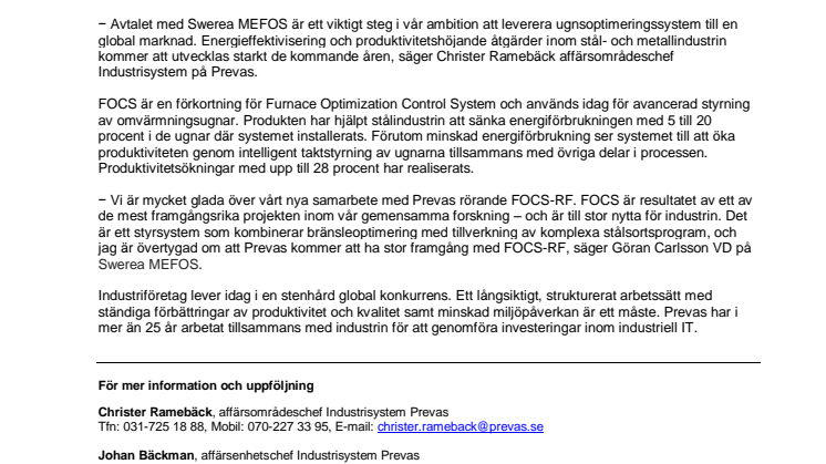 Prevas tecknar exklusivt avtal med Swerea MEFOS