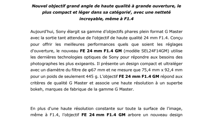 Sony élargit sa gamme d'objectifs plein format avec la sortie du 24 mm F1.4 G Master™ Prime 