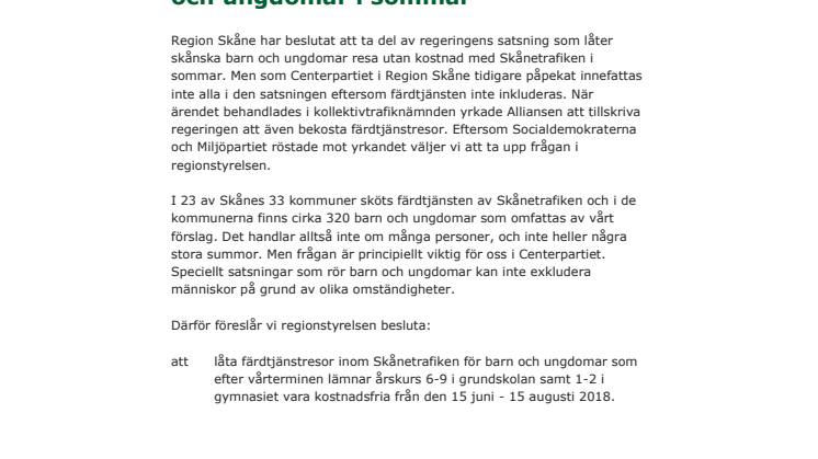 Initiativärende: Gör färdtjänst kostnadsfritt för barn och ungdomar i sommar