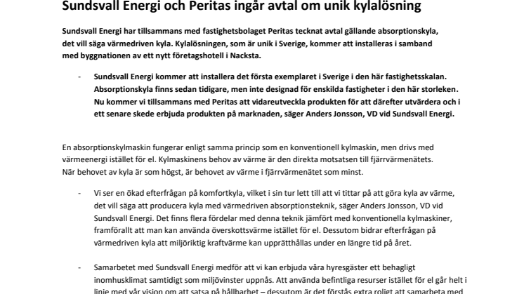 Sundsvall Energi och Peritas ingår avtal om unik kylalösning