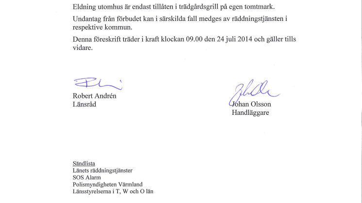 Beslut om eldningsförbud i Värmlands län 2014-07-24