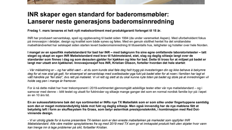INR skaper egen standard for baderomsmøbler: Lanserer neste generasjons baderomsinnredning