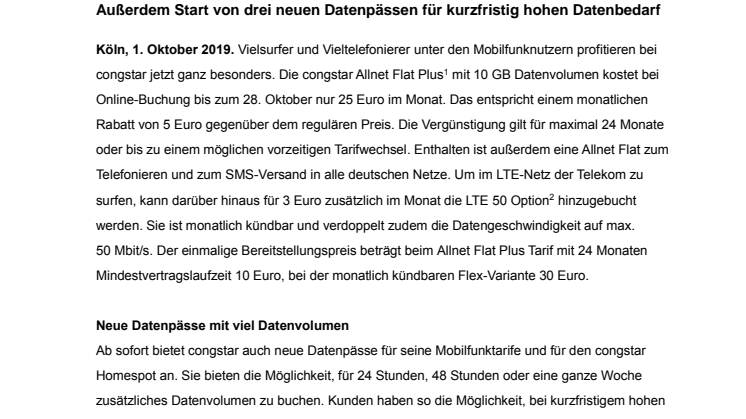 congstar Allnet Flat Plus mit 10 GB Daten für 25 Euro monatlich