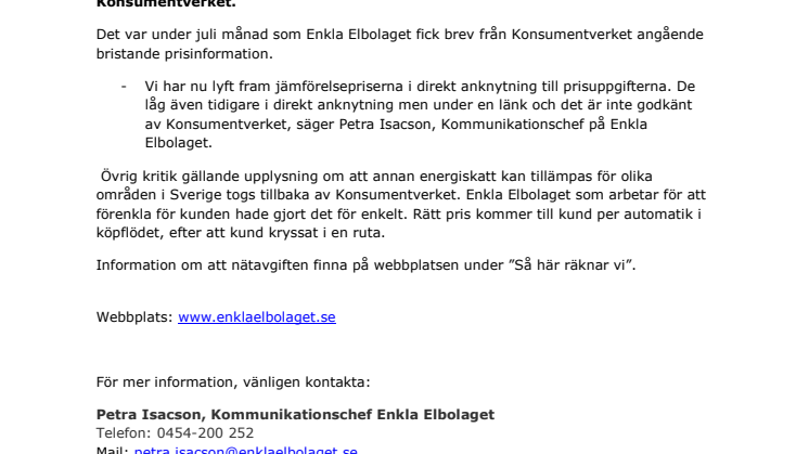 Konsumentverket godkänner Enkla Elbolaget