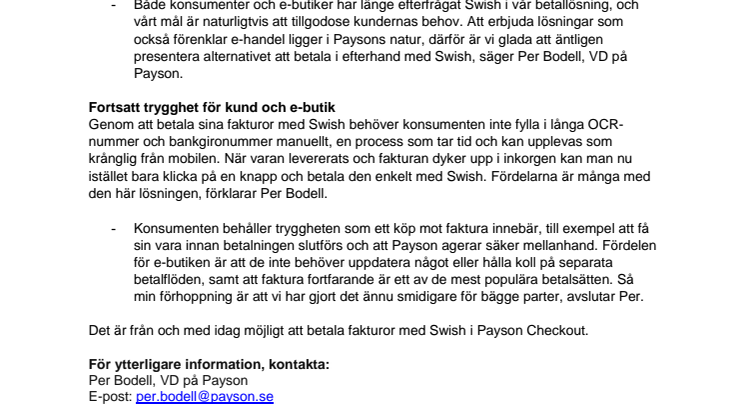 Smidigare betalningar när Payson lanserar Swish