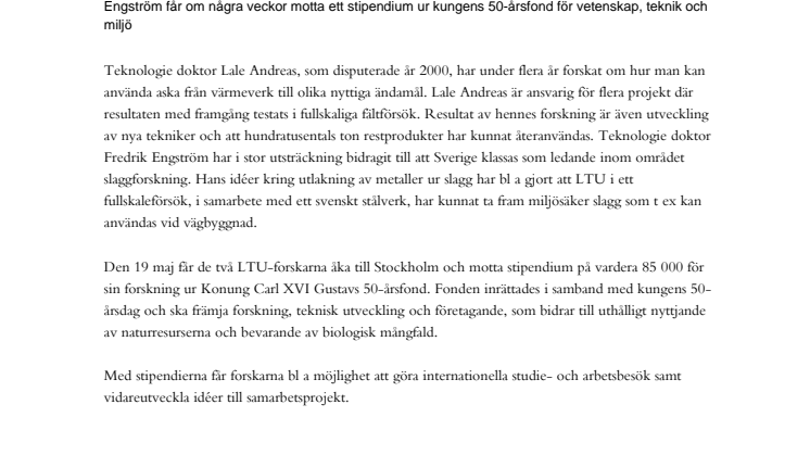 LTU-forskare får stipendium av kungen