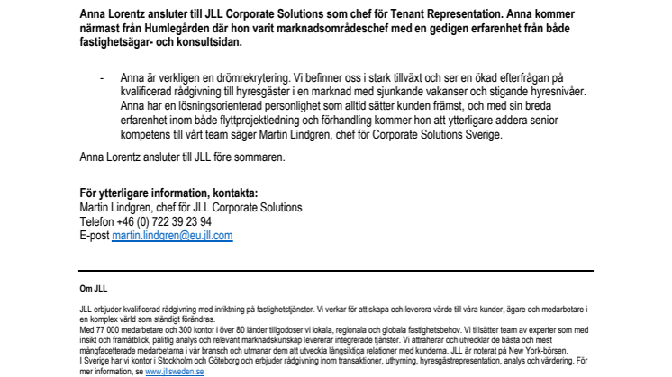 JLL Corporate Solutions förstärker med ny chef för Tenant Representation 