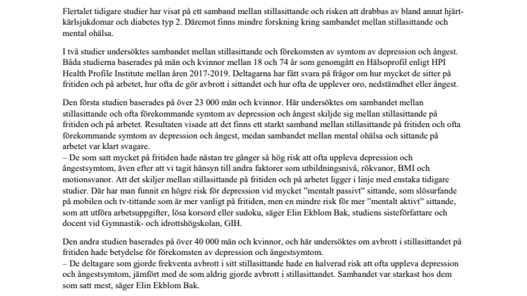 Stillasittande på fritiden och arbetet har olika samband med mental ohälsa