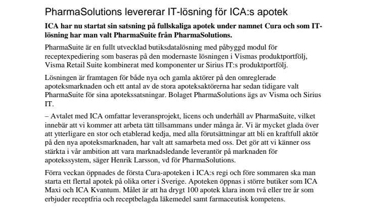 PharmaSolutions levererar IT-lösning för ICA:s apotek
