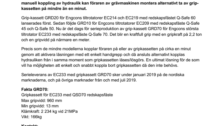 Engcon serietillverkar löstagbar grip för sin största tiltrotator  – gör grävmaskinen ännu effektivare