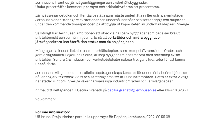 Presssinbjudan: Parallella uppdrag för design av moderna och miljösmarta verkstadsbyggnader i järnvägsmiljö