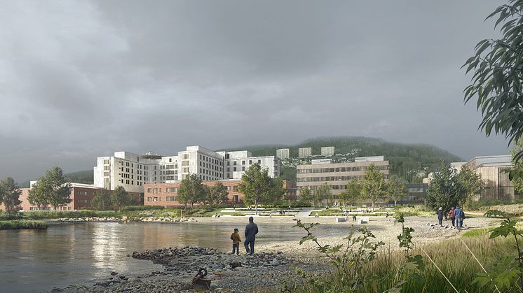 Nytt sykehus Drammen oversiktsbilde. Helse Sør-Øst RHF | Link Arkitektur, Bølgeblikk, Ratio arkitekter/Aesthetica.  
