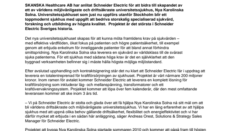 Schneider Electric står för Nya Karolinska Solnas kraftförsörjning