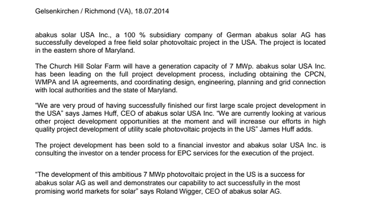 abakus solar USA Inc. sells 7 MWp free field project development