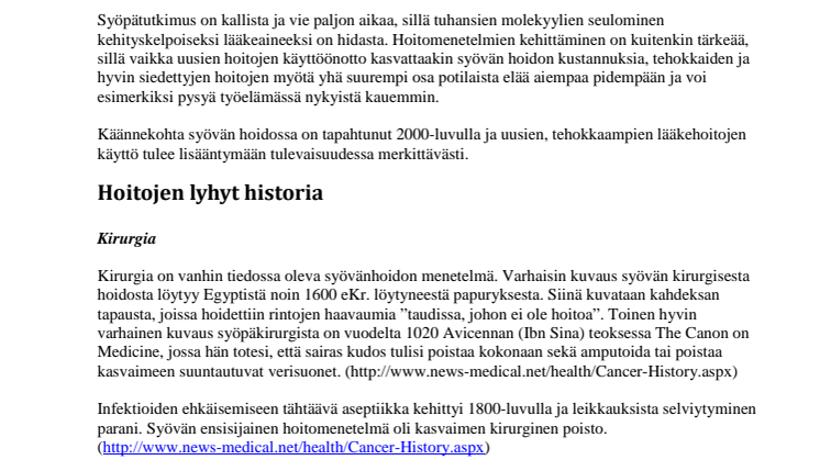 Lisätietoa syöpähoitojen kehittymisestä
