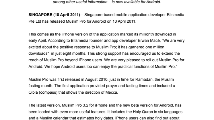 1 MILLION DOWNLOADS FOR MUSLIM PRO