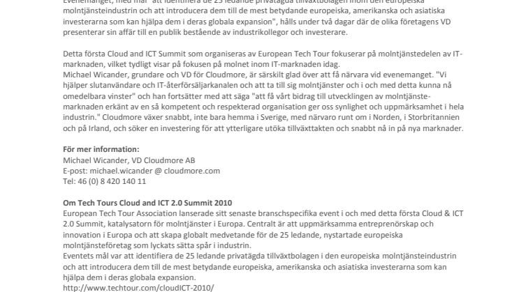 Cloudmore utnämns till ett av Europas 25 ledande molntjänstebolag