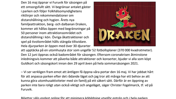 Furuvik öppnar omsorgsfullt den 16 maj