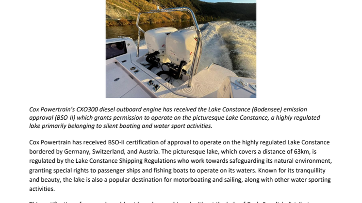 The CXO300 receives BSO-II certification to operate on Lake Constance, Germany