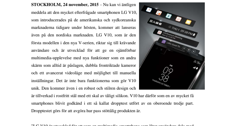 LG:S SMARTPHONE V10 MED SECOND SCREEN KOMMER TILL SVERIGE TIDIGT 2016