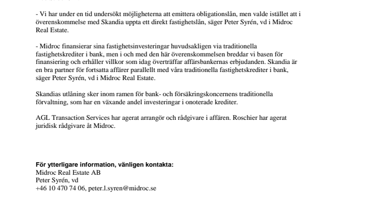 Midroc tecknar fastighetslån i Skandia