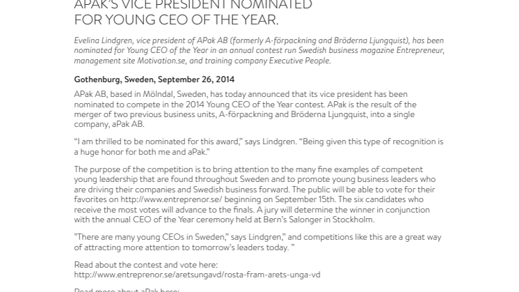 APaks vice VD nominerad till Årets unga VD.