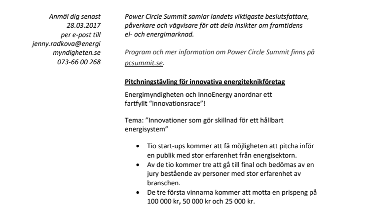 Energimyndigheten och InnoEnergy bjuder in till Innovationsrace på PC Summit!