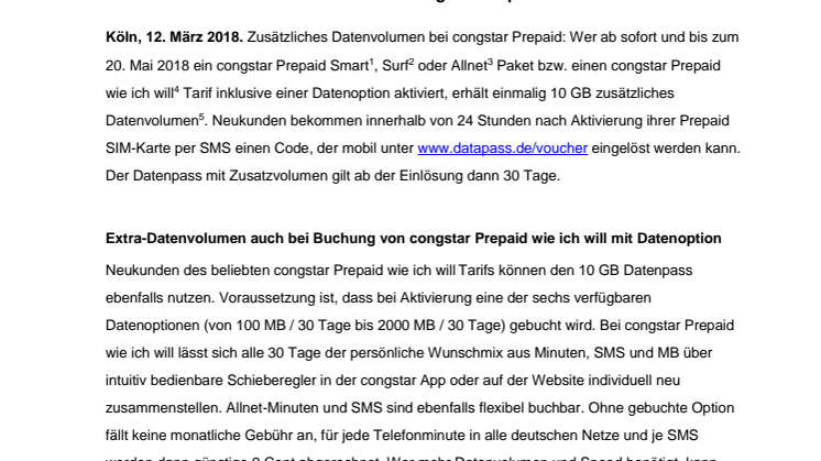 Einmalig 10 GB zusätzliches Datenvolumen für congstar Prepaid Mehr Telefonminuten und Daten beim congstar Prepaid Surf Paket ab 27. März