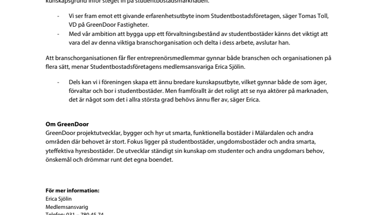 GreenDoor ny entreprenörsmedlem i Studentbostadsföretagen