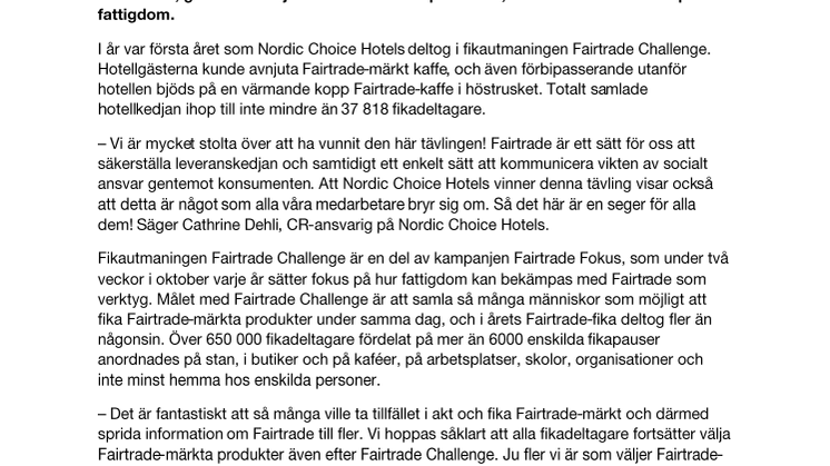 Nordic Choice Hotels serverade flest Fairtrade-fikadeltagare