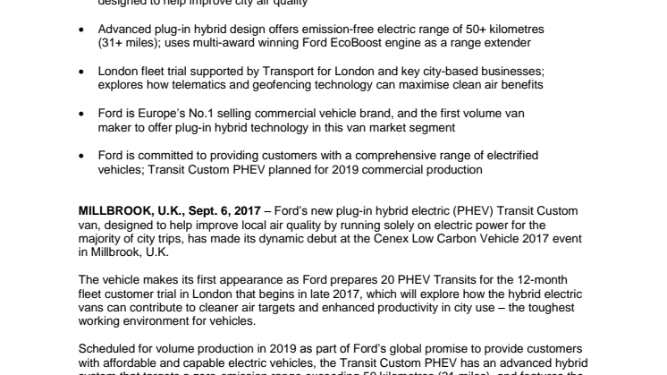 Ford Transit Plug-in Hybrid Van Makes Dynamic Debut Ahead of ‘Cleaner Air for London’ Trial; Advanced Driveline Revealed