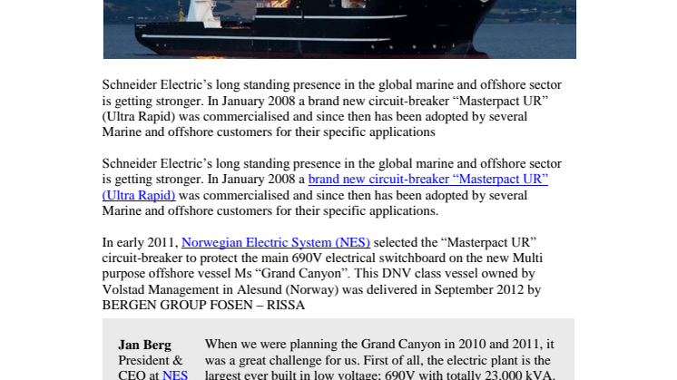 Masterpact UR from Schneider Electric chosen for new multi purpose Offshore Vessel 