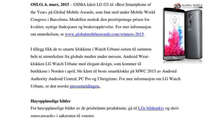 LG G3 KÅRET TIL BESTE SMARTTELEFON, OG LG WATCH URBANE MOTTOK NI PRISER PÅ MWC 2015
