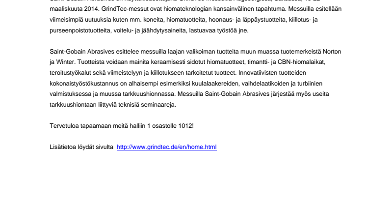 Saint-Gobain Abrasives mukana GrindTec 2014 -messuilla