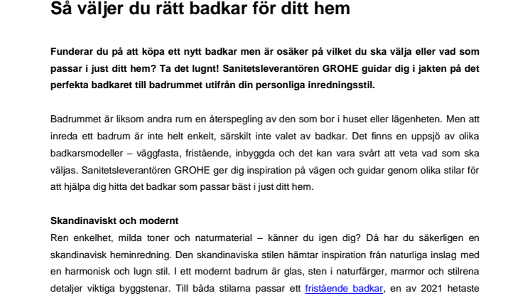 Den stora badkarsguiden:  Så väljer du rätt badkar för ditt hem