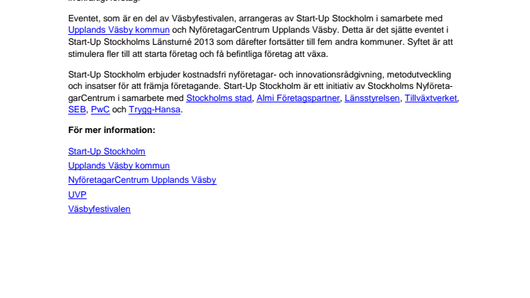 Start-Up Stockholm finns med under Väsbyfestivalen den 8 juni